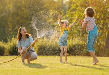 Happy family playing in backyard