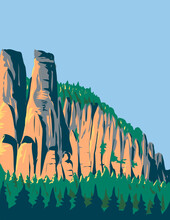 Art Deco Or WPA Poster Of Elbe Sandstone Mountains Located In Saxon Switzerland National Park In Switzerland Done In Works Project Administration Style.