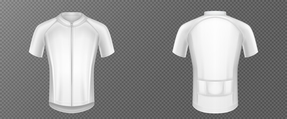 Poster - Cycling jersey, white bike t-shirt vector mockup, sports wear front and rear view. Sport clothes, shirt with short sleeves template isolated on transparent background, Realistic 3d illustration