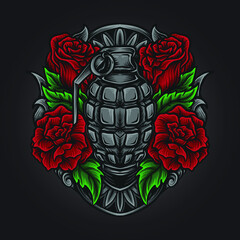 artwork illustration and t shirt design grenade and rose engraving ornament