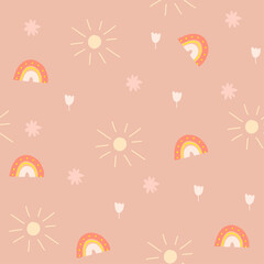 seamless pattern with sun,flowers and rainbows,childish print for wallpaper,cover design,kids fabric,nursery interior and decoration,pastel baby shower illustration in doodle style,light background. 