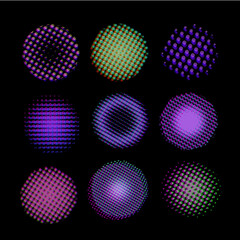 A collection of point halftone spheres. Circles of a point texture with the effect of vector failure, TV distortion, vhs failure.