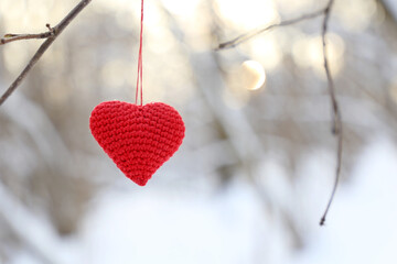 Wall Mural - Valentine heart in winter forest against the sun. Red knitted heart hanging on a branch, symbol of romantic love, background for Christmas holiday