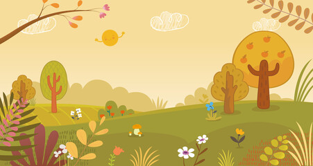 Autumn field or park with trees, flowering plants and flowers in the meadow, suitable for kids background, cover, cartoon style flyer