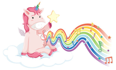 Sticker - Unicorn sitting on the cloud with melody symbols on rainbow wave