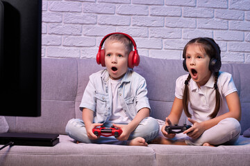 Poster - children playing video game with game console