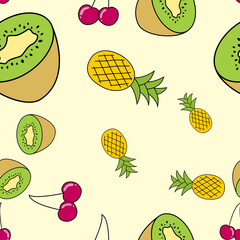 Wall Mural - Naturally Drawn Fruits Seamless Pattern Cute Background. Vector Illustration
