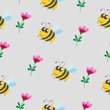 Seamless Pattern Children. Yellow Bumblebee, Pink And Red Flower With Green Leaves. Grey Background. Cartoon Style. Cute And Funny. Summer Or Spring. Textile, Wrapping Paper, Scrapbokking, Wallpaper