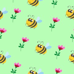  Seamless pattern children. Yellow bumblebee, pink and red flower with green leaves. Green background. Cartoon style. Cute and funny. Summer or spring. Textile, wrapping paper, scrapbokking, wallpaper