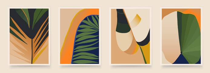 Wall Mural - Aesthetic minimalist abstract plants illustrations. Contemporary wall decor. Collection of trendy artistic posters. Warm colors palette.