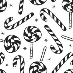 Wall Mural - Hand drawn Christmas seamless pattern with candy on white background. Creative ink art work. Actual vector doodle drawing sweets