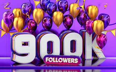 Wall Mural - 900k followers celebration, thank you social media banner with purple and gold balloon 3d rendering