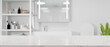 White minimalist empty marble tabletop for montage over modern bright bathroom interior
