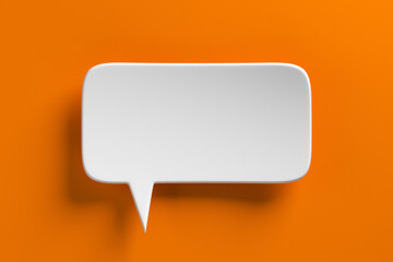 Social media notification icon, white bubble speech on orange background. 3D rendering