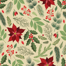 Seamless Pattern With Hand Drawn Poinsettia Flowers And Floral Branches And Berries, Christmas Florals.