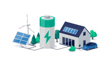 Home Virtual Battery Energy Storage With House Photovoltaic Solar Panels Plant, Wind And Rechargeable Li-ion Electricity Backup. Electric Car Charging On Renewable Smart Power Island Off-grid System.