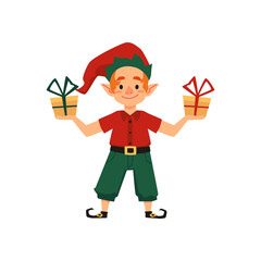 Wall Mural - Christmas elf or dwarf with present boxes flat vector illustration isolated.