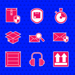 Set Envelope with magnifying glass, Headphones, This side up, shield, Wooden box, Carton cardboard, Fast time delivery and icon. Vector