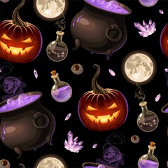 Seamless pattern with carved pumpkins with lights