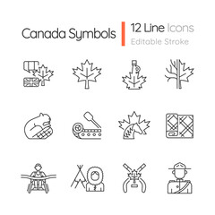 Wall Mural - Canadian symbols linear icons set. Official canadian emblem. North american beaver. Ice hockey. Customizable thin line contour symbols. Isolated vector outline illustrations. Editable stroke