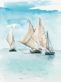 Fototapeta  - Haiti. Traditional Caribbean sailing boats. Blue ocean. Watercolor hand drawn illustration.