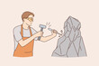 Working as stonecutter with tools concept. Young positive man stonecutter using hammer and stick to work with rock stone concrete wearing glasses and apron vector illustration 
