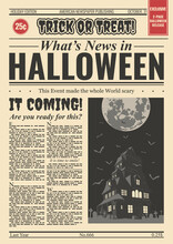 Halloween Newspaper Old Page Style Illustration, Halloween Postcard, Full Moon, Haunted Mansion, Cemetery 
