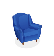 Cozy blue armchair on an isolated white background. Vector illustration of a home chair for the interior. Modern furniture for living room, bedroom, lobby. Icon, element.