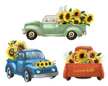Set Of Old Trucks With Sunflowers Illustration Isolated On White Background