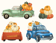 Set Of Old Trucks With Pumpkins Illustration Isolated On White Background