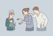 Home Abuse And Scandal Concept. Furious Angry Parents Mom And Dad Shouting Screaming At Their Sad Daughter Holding Backpack Vector Illustration 