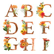 Set of floral letters A-I with autumn flowers (asters and gerber daisies), isolated illustration on white background, for wedding monogram, greeting cards, logo