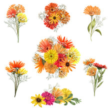 Autumn Floral Bouquets Of Asters, Gerber Flowers And Gypsophila Branches Set, Isolated Flower Arrangements On White Background