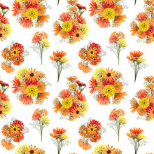 Seamless Pattern Of Autumn Asters And Gerbera Flowers Bouquets Illustration On White Background