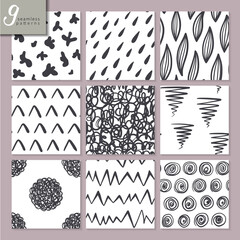 Wall Mural - Set of nine hand drawn seamless abstract patterns in black and white colors.