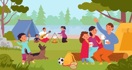 Canvas Print - People in camping. Travel family, person travelling on nature. Summer camp, parents group forest adventures. Trip with kids decent vector scene