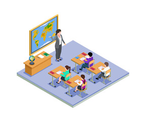 Sticker - Classroom concept. Isometric school class, teacher and children on lesson. Geography, young students examination. Kids education vector concept