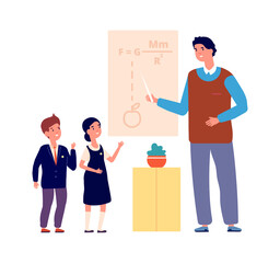 Wall Mural - Kids education. School lesson, teacher cartoon student in classroom. Happy flat children in uniform study mathematics vector illustration