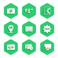 Set Web development, Website statistic, Monitor and mobile, UI UX design, Front end, and template icon. Vector