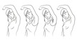 Set of girls in line art style showing armpit with hair, nude and in clothes
