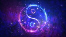 Glowing Yin Yang Sign On Floral Pattern Background