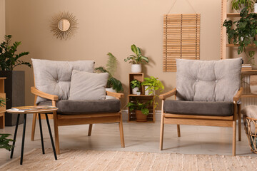 Sticker - Lounge area interior with comfortable armchairs and beautiful houseplants