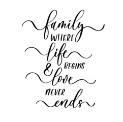 Wall Mural - Family where life begins and love never ends. Vector brush calligraphy banner.