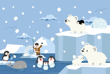 penguin with polar bear north pole arctic background