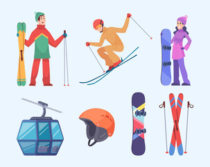 Wall Mural - Ski resort. Winter ski mountain landscape holiday village for travellers alps trails exact vector flat illustrations set isolated