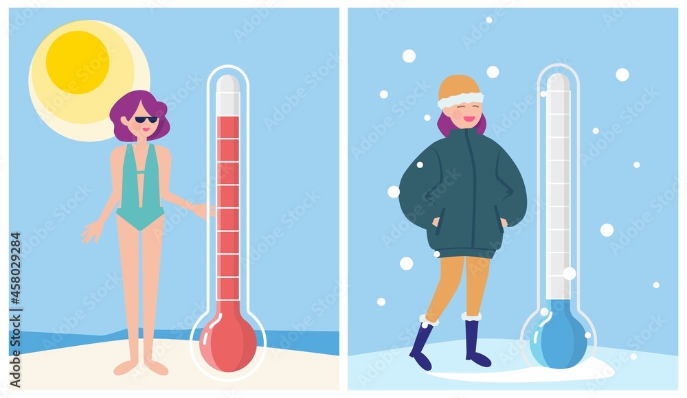Winter and summer. Weather thermometer, hot and cold temperature. Girl ...