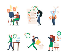 Poster - Deadline characters. Business people managers bad office discipline working in stressed time corporative workspace garish vector profesiional person