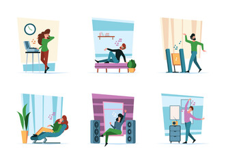 Sticker - Listen music. Characters relaxing in interior lying on couch sitting on sofa dancing happy people garish vector illustrations in flat style