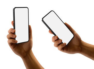 Wall Mural - man hand holding the silver smartphone with blank screen and modern frameless design two positions f