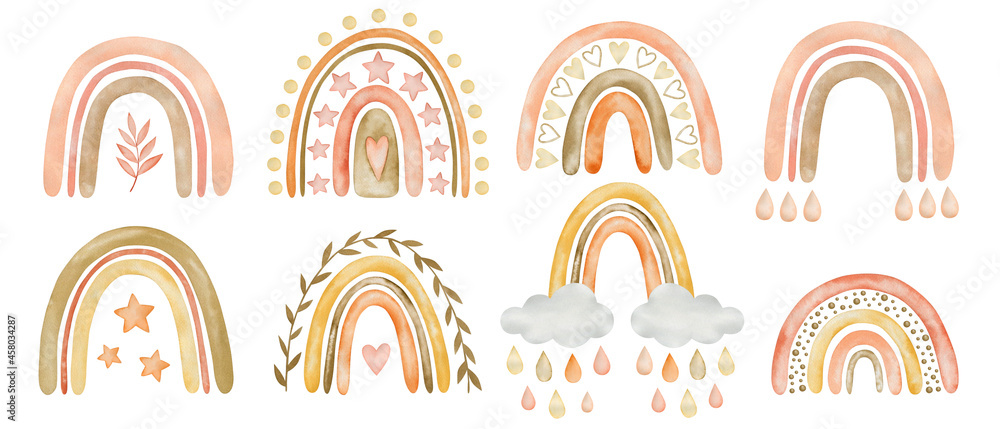 Watercolor set of rainbow illustrations in boho style isolated on white ...